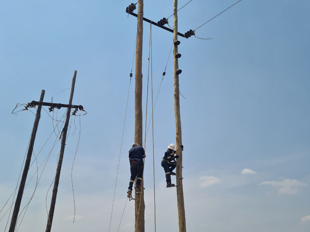 Linesmen climbing wooden poles